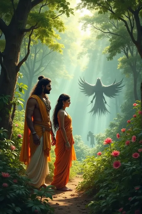 Key Scenes: Rama, Sita, and Lakshman in the forest during their exile, surrounded by lush greenery. The dramatic moment of Sita’s abduction by Ravana’s flying chariot.