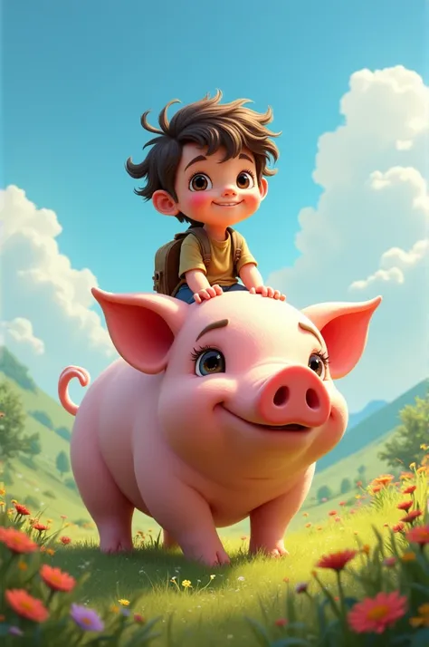 A boy sitting on the piggy 