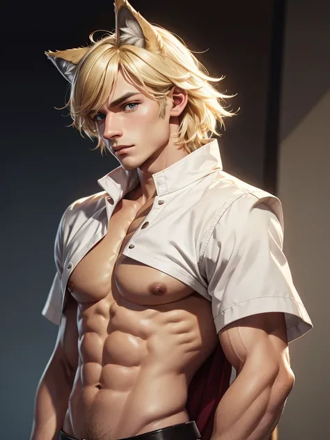 (best quality), 1boy, male, porcelain skin, blonde hair, short hair, straight hair, side swept bangs, brown eyes, perfect eyes, (wolf ears), (wolf tail), collar, wolfboy, skinny body, masterpiece, anatomically correct, highres
