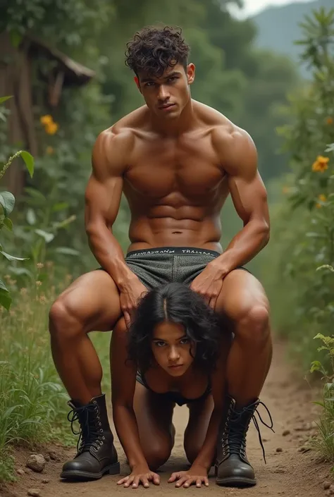 Sexy hot teen boy with a tanned body wearing a fit boxer shorts and boots is sitting on another girls back who is crawling on all fours and carrying him at rural area