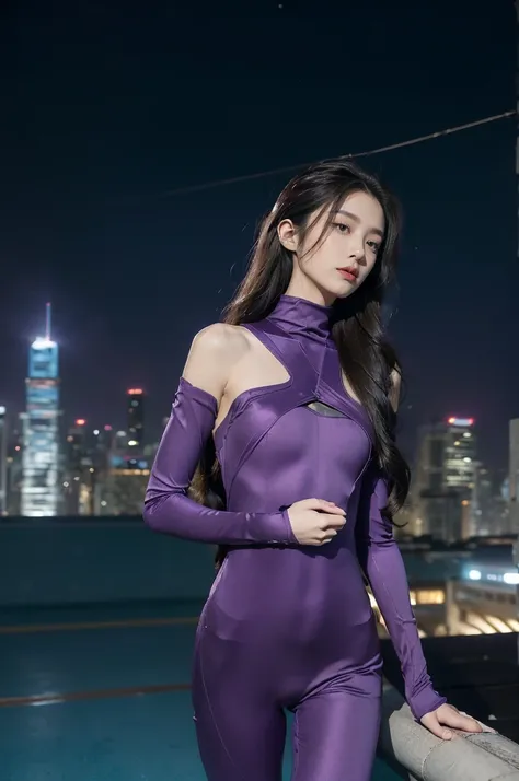 (((best quality))),(((ultra detailed))),(((masterpiece))),illustration,((1girl,Rui Kisugi,solo)),((slim,thin)),((small breasts,flat chest)),(long wavy hair:1.2),((bare shoulder,shoulder off)),(purple full-body tight-fitting catsuit:1.5),(a cyan ribbon is t...