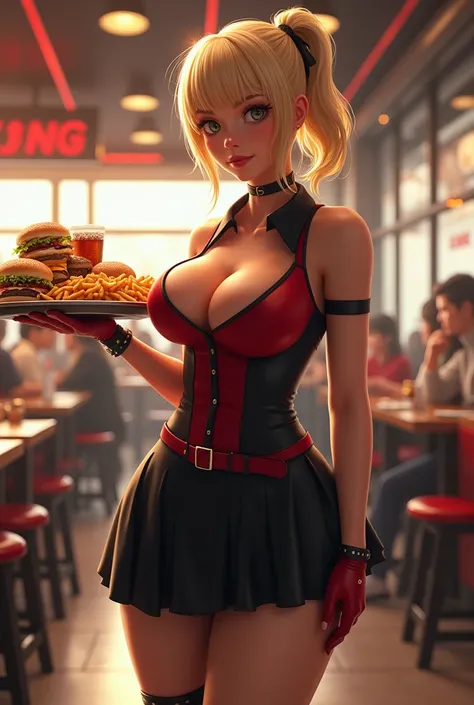 Realistic style and real women, she is Blonde with short hair, she has an hourglass figure, she has a surreal, hentai-like physique, with exaggerated curves that showcase large buttocks and voluminous breasts and she is slim

A dynamic, smiling female wait...