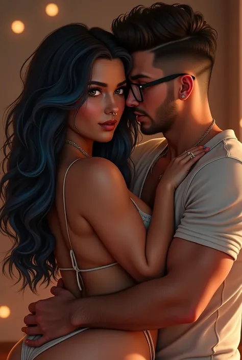 Couple of boyfriends she curvy body, big butt, big cheeks black hair with blue, big brown eyes light skin with piercing in the nose and tongue and with light skin, straight hair styled up and small rectangular glasses