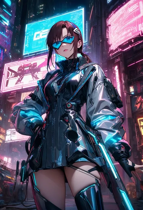 1girl, makinami mari illustrious,glasses, neon genesis evangelion, cyberpunk fashion, futuristic outfit, young adult woman, high-tech photoshoot, neon lighting, dystopian urban background, masterpiece, best quality, absurdres
Outfit details:

Holographic b...