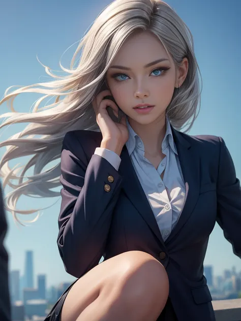 (Best quality,ultra detailed,photorealistic:1.37),Bright and rich colors, studio lighting, playful facial expression, stylish makeup ,( Business jacket )  ,silver hair blowing in the wind, inviting eyes, glossy lips, sexy pose, ,posing for a professional p...