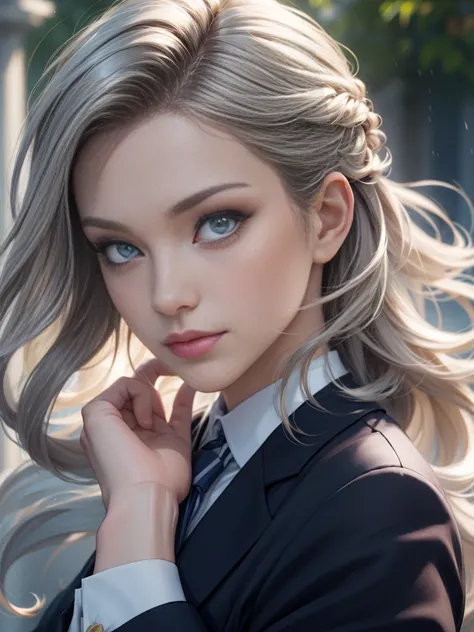 (Best quality,ultra detailed,photorealistic:1.37),Bright and rich colors, studio lighting, playful facial expression, stylish makeup ,( Business jacket )  ,silver hair blowing in the wind, inviting eyes, glossy lips, sexy pose, ,posing for a professional p...