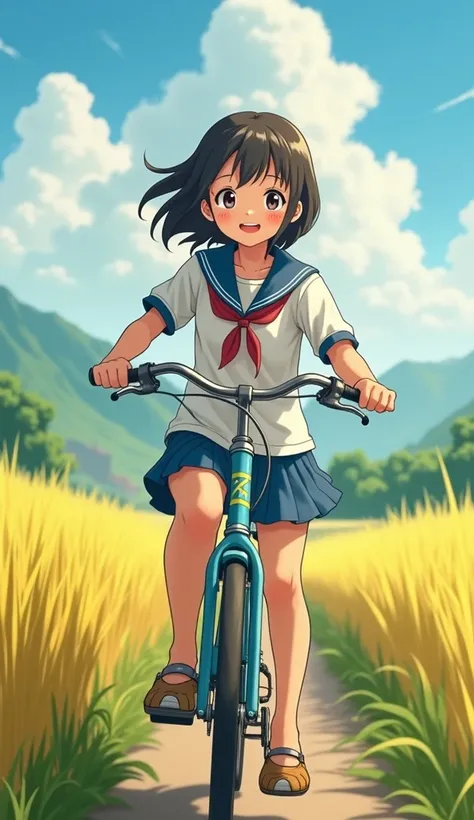 A landscape with rice paddies in the countryside in the foreground、１５age、Riding a bicycle and returning with a smile、Her hair is fluttering、A cute face、School uniforms、Hot summer day、Sweating、The image is realistic、Genuine、Like a real photo、