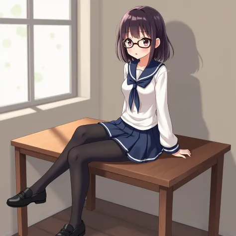 Best quality short-haired, bespectacled female student wearing a sexy sailor suit, 2D anime style, black stockings，Black leather shoes sitting on the table