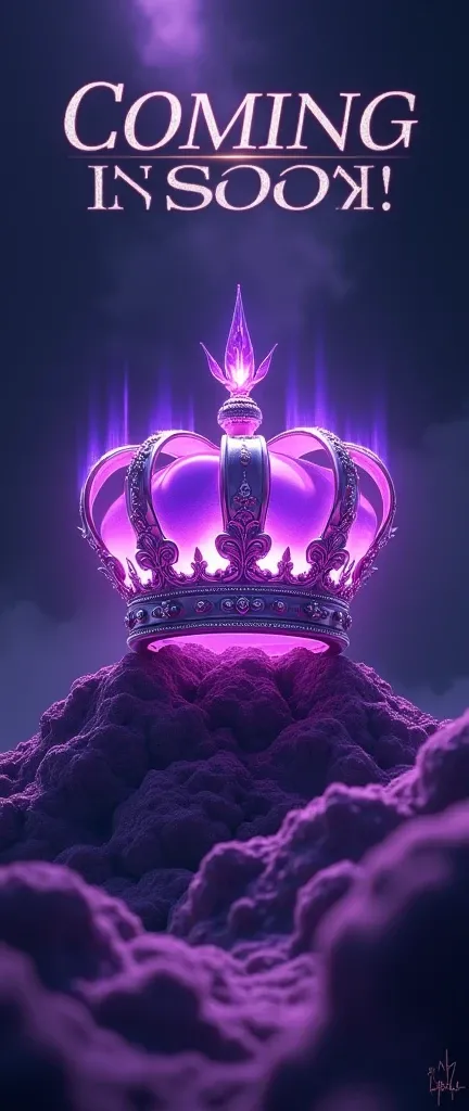 Une couronne violette sur font noir, le titre : coming soon au milieu et les prénoms : Eos, aina, aura, Chaeyeon, Kyoko et NOVA tout en haut