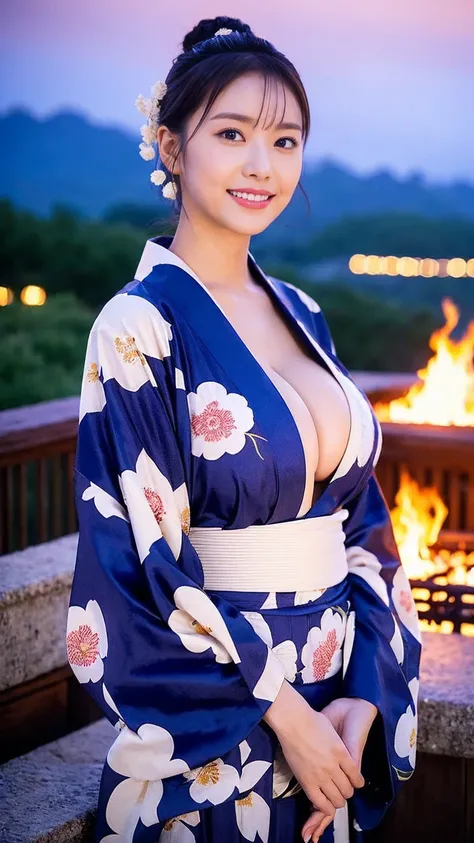 ((bigbreast:1.2)),A glamorous and voluptuous woman wearing a traditional yukata is seen from the waist up, with the Kyoto Gozan mountains in the background, where the “Daimonji” bonfire is burning brightly. The night scene highlights the large “大” characte...