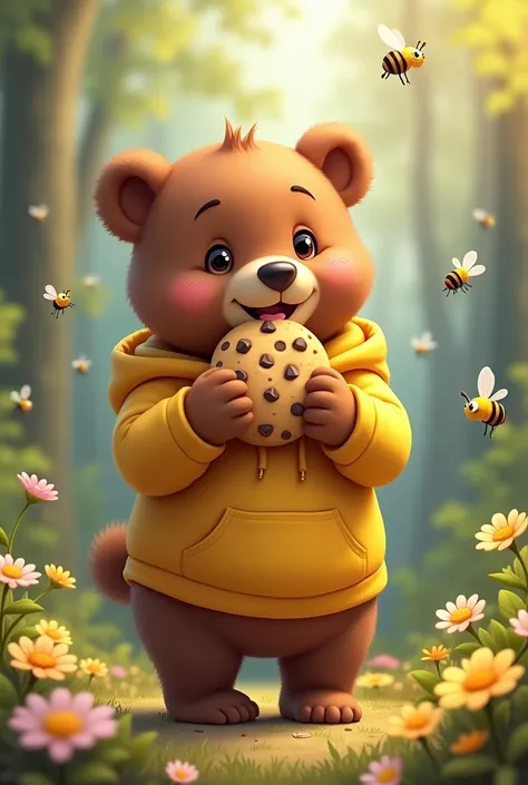 Smiling brown bear cub、Yellow hoodie、Round ears、cute、Standing pose、Eat a chocolate chip cookie、in the forest、Bees flying around、There are flowers on the ground、Friendly atmosphere、High resolution