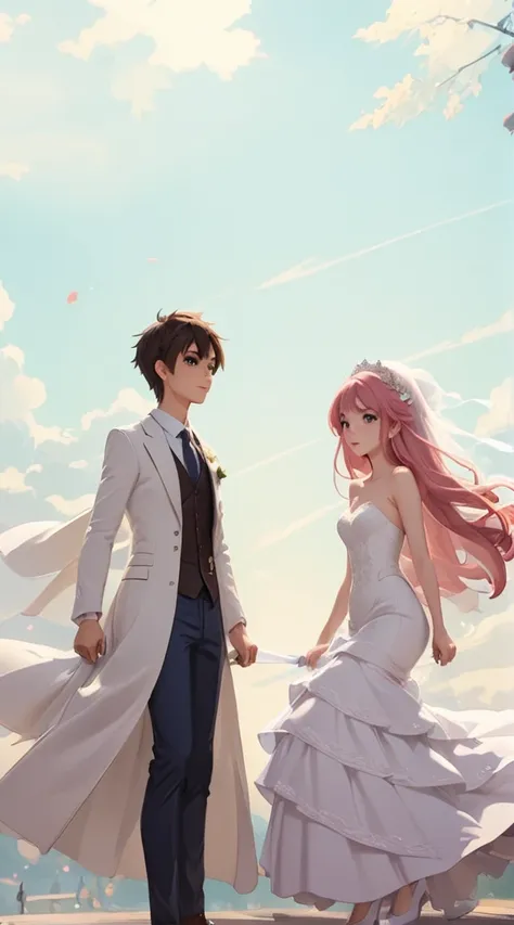 japanese manga characters，a boy，brown hair，wearing a black vest，trousers，white coat，a girl，pink hair，wear a white wedding dress。