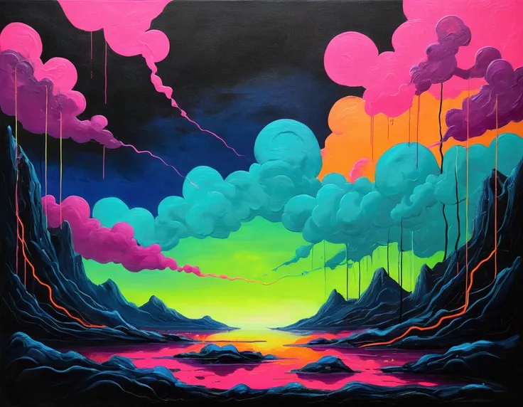 A gloomy, Abstract painting with neon colors, symbolizing isolation and despair