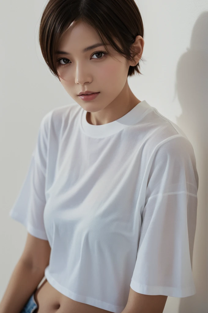 shorthair, Top quality, 1 beautiful woman, age 28, white T-shirts, 35mm lens, f/1, cowboy shot, (white background: 1.3)