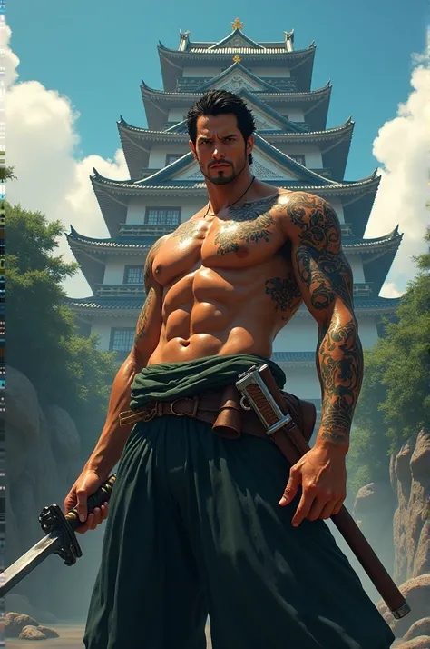 Roronoa Zoro has a tattoo on his arm, a gun on his waist, and a Japanese castle in the background.