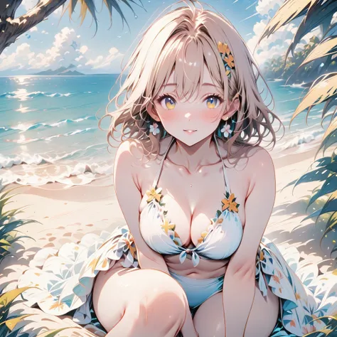 (masterpiece, Highest quality:1.2), 1 Girl, alone,Eyes open,Tropical atmosphere,Ocean,Swimwear