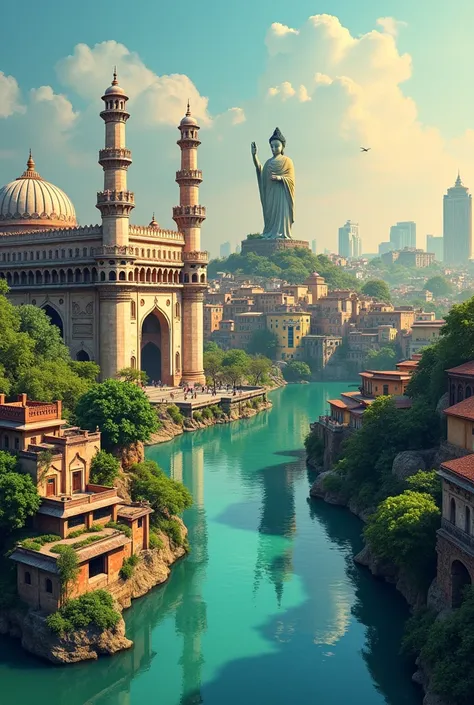 A display picture, that shows the vibe of Hyderabad (showing the monuments like charminar, hussain sagar statue, old city or any cultural related thing about hyderabad) , aesthetic, abstract