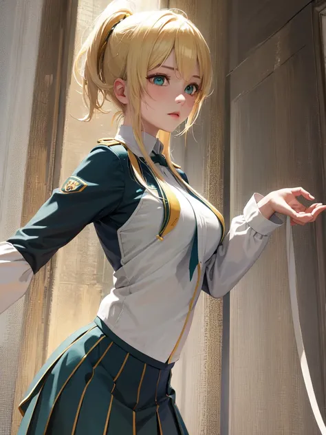 (Ultra extreme detailed),(Masterpiece),(Ultra extreme),(Realistic),CG,(color:1.2), Strong lighting,Light from behind,evaluation:Safety,One blonde, one alone., white,紺color,Blonde Short Hair,Green Eyes,white shrite,short_beautiful girl((uniform))、classroom、...