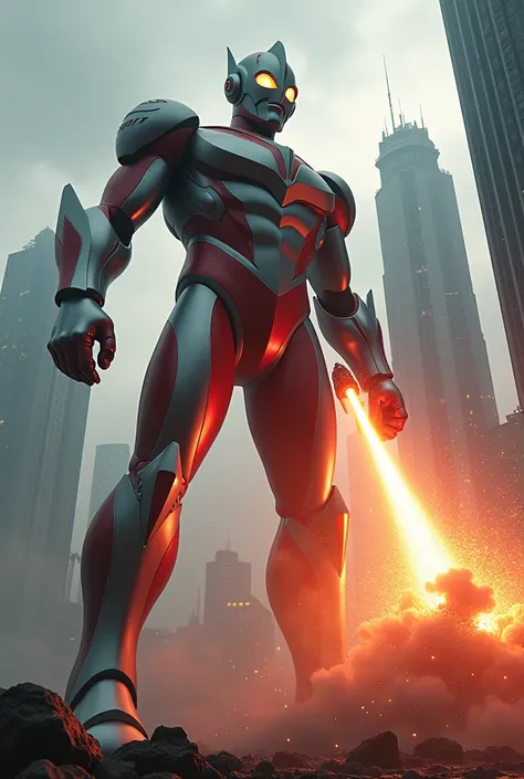 Tilt shift photography .a giant ultraman firing a powerful laser beam, destroying a large futuristic city building, dramatic cinematic lighting, photorealistic, 8k, highly detailed, epic, cinematic, dramatic lighting, volumetric fog, cinematic camera angle...