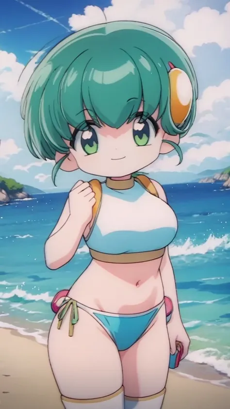 Hiiragi Rokuna, 4K, Huge breasts, (Young face:1.2), (smile:1.3),cowboy shot,((ultra sexy triangle thong Bikini)),((((nfsw)))),beach,((nude)),Greenhair,
