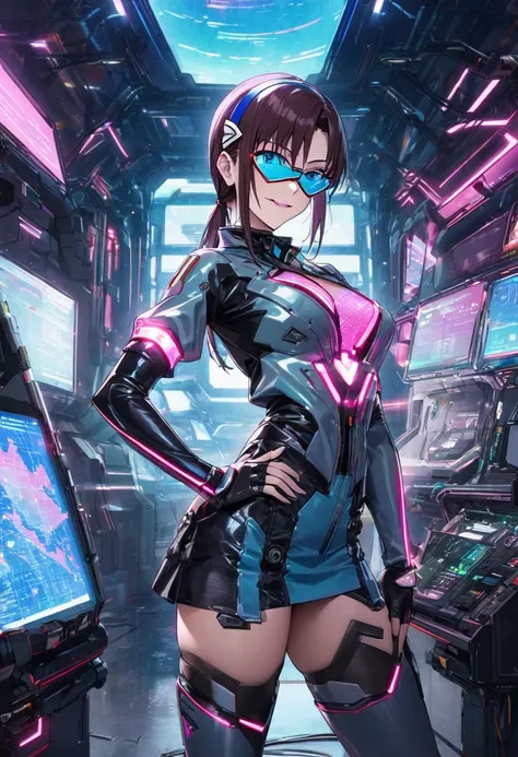 1girl, makinami mari illustrious,glasses, neon genesis evangelion, cyberpunk fashion, futuristic outfit, young adult woman, high...