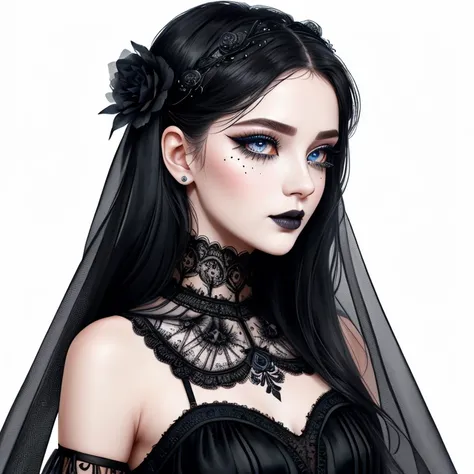 watercolorный эскиз, double exposure, sticker, Gothic, woman, Young, beautiful, thin black lace dress, silver filigree, chiffon, tulle, Silver Threads, beautiful full black lips, eye drawing, tuxedo-colored eyes, long fluffy eyelashes, watercolor, flowers,...