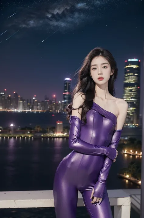 (((best quality))),(((ultra detailed))),(((masterpiece))),illustration,((1girl,Rui Kisugi,solo)),((slim,thin)),((small breasts,flat chest)),(long wavy hair:1.2),((bare shoulder,shoulder off)),(purple full-body tight-fitting catsuit:1.5),(a cyan ribbon is t...