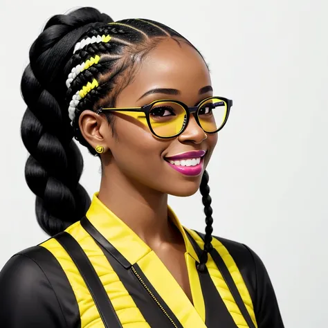 side view, looking into the camera, Professional photography, pose models, flirty look, smile, portrait of a beautiful black woman in yellow and white braids, and neon glasses, Black background