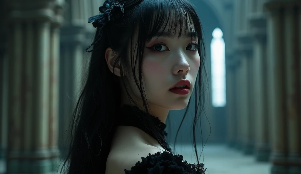 A highly detailed photorealistic image, half-body, a close up of a beautiful japanese woman, long hair with bangs, dreamy gothic girl, gothic make-up, she is a vampire, beautiful face, detailed face, elegant render, half body photo, mistress, photoshop ren...