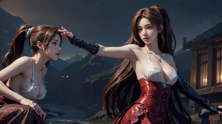 masterpiece,Game Art,Best picture quality,Maximum resolution,8k,(Upper Body,ambush),Unreal Engine 5 rendering works,Ray Tracing,RAW photos,(((Mai Shiranui character))), (((Brown hair color))), ((High Ponytail Hairstyle)), Enjoy the scenery, Focus on the Ho...