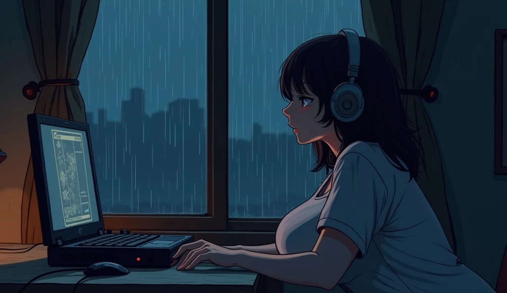 night、Listen to music in a cozy room, Use headphones, 2D Anime Style, Lo-Fi, hard disk, Dark Environment、Emo、It&#39;s raining outside、Big Breasts、You look feels good