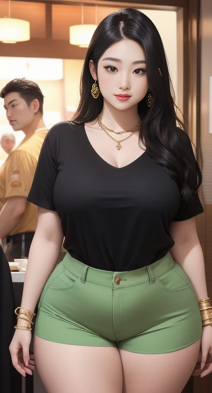 There is a woman taking a picture wearing a black shirt and gold shorts., beautiful Thick female, Tsk tsk tsk, wide hips, Thick thighs, attractive plus size model, Rubenesque, Thick legs, big thighs, plus size women, 가장 wide hips, Thick body, Thick, Attrac...