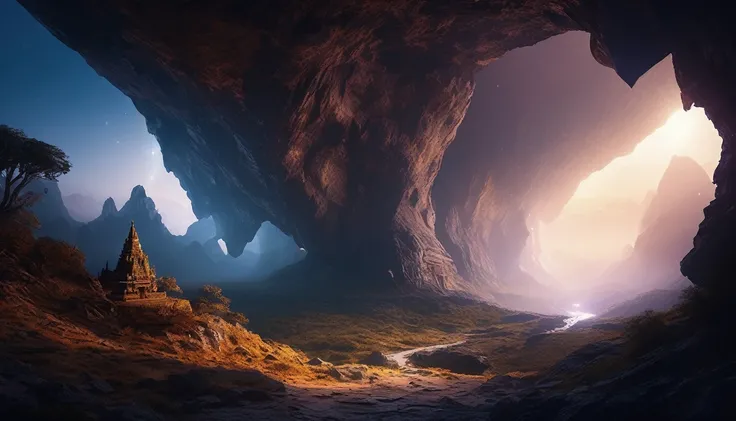 Mysterious, Huge, and ancient mountain caves, A massive swirling galaxy can be seen floating in the air. 洞窟はMysteriousエネルギーのオーラに満ちている, evoking an otherworldly vibe. The cave walls are adorned with ancient symbols, 忘れられた文明とMysterious力の物語を語る. soft light from...