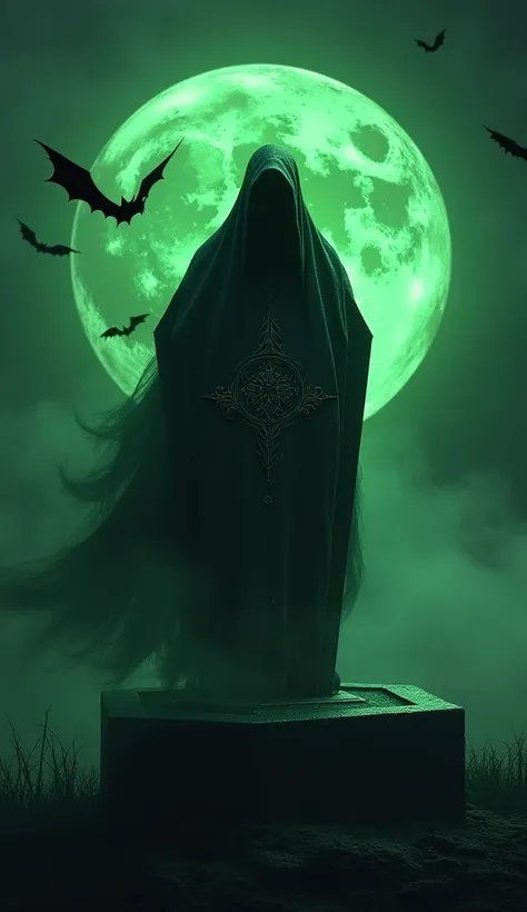 Black gradiant Logo "GRAVE WALKER", in the style of horror witcg, graphics, green moon, green smoke, dark night, bats in the moon, Logo at the coffin, Difficult, ultradetail,