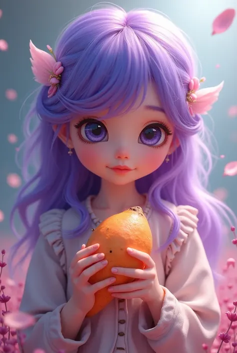 Une fille au cheveux violets avec des pommes de terre douce