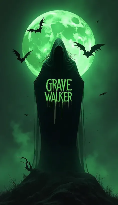 Black gradiant Logo "GRAVE WALKER", in the style of horror witcg, graphics, green moon, green smoke, dark night, bats in the moon, Logo at the coffin, Difficult, ultradetail,