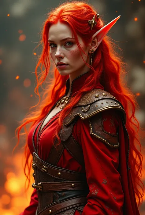 Create a detailed image of a fire elf with a full-body red appearance. She has fiery red eyes, long red hair that flows like flames, and glowing runes etched into her skin. She is dressed in an intricate red explorers outfit, designed with elven craftsmans...