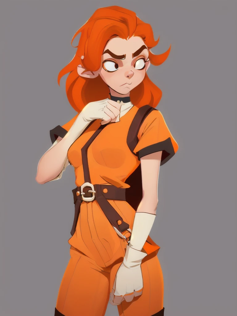 concept art, European and American comics, game character design, RPG Fantasy Game Characters, solo, 20-year-old European woman, Bright red hair, long hair,  (((a yellow fabric short-sleeved shirt that feels a little long, The length of the short-sleeved s...