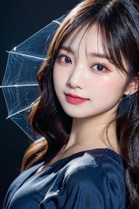 ((laughing out loud)), High level of image quality、Photo of a 20-year-old Korean Girl, Raw, cute face, ((portrait)),  (Dark blue background:1.4), ((Detailed face:1.2)), ((Delicate face characterized by fine skin), pale skin, , (Cool colors), Wet, Wet, Refl...