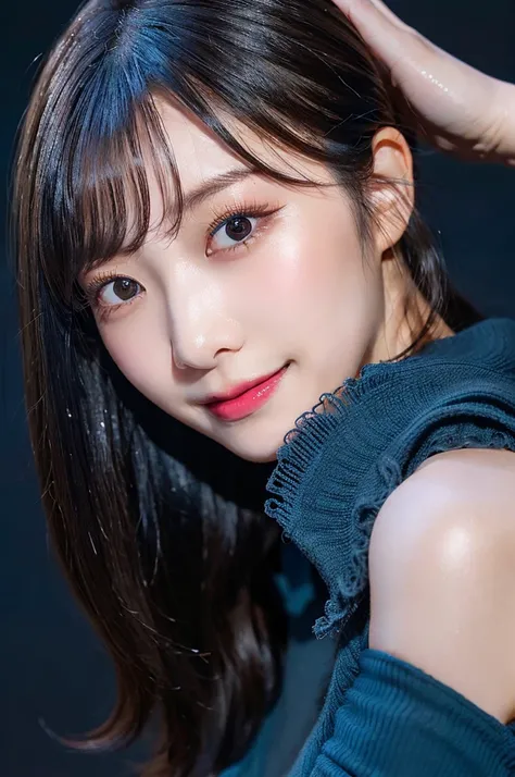 ((laughing out loud)), High level of image quality、Photo of a 20-year-old Korean Girl, Raw, cute face, ((portrait)),  (Dark blue background:1.4), ((Detailed face:1.2)), ((Delicate face characterized by fine skin), pale skin, , (Cool colors), Wet, Wet, Refl...