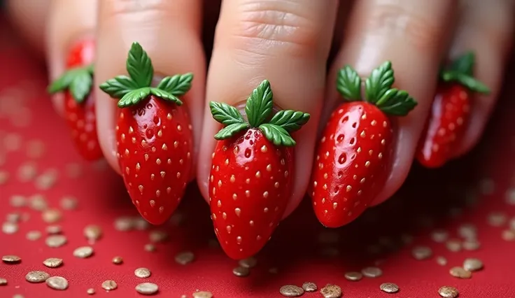 Strawberry Fields Nail Art: Turn your nails into a strawberry patch with this creative design. Each nail features a large, detailed strawberry in the center, complete with seeds and a green leafy top. The background is a deep red hue with tiny, scattered s...