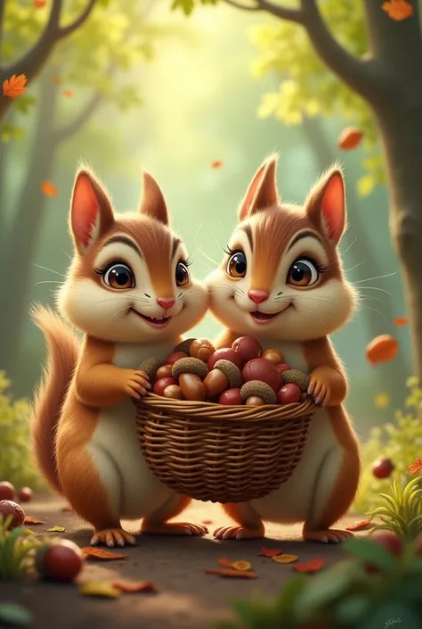 chipmunks holding a basket of acorns