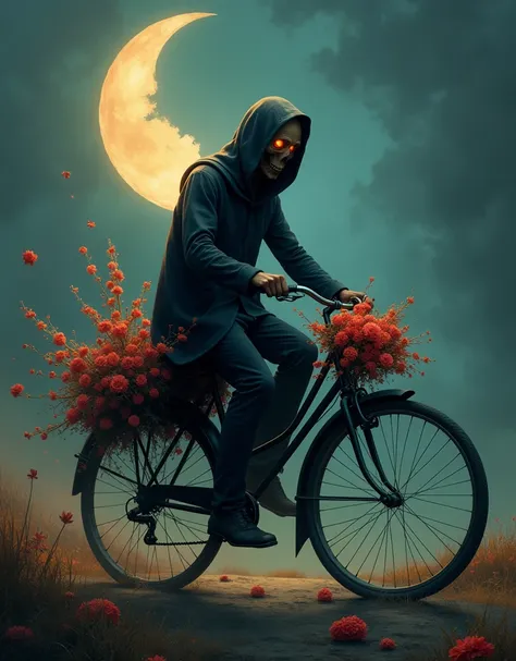 Create a surreal digital painting showcasing a captivating figure of death, interpreted as the grim reaper, riding a bicycle adorned with blossoms under the glow of a crescent moon bearing the likeness of a human face. The scene features elements of fluidi...