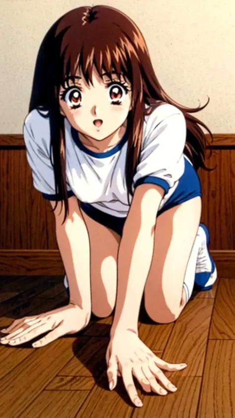 yuuki mizuho, one person, alone, long hair, hair band, brown hair, bloomers,gym suit, it's not a leotard., open your mouth, blus...