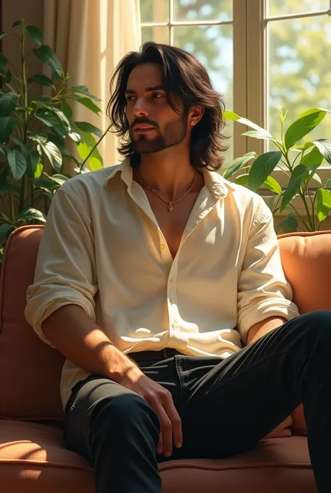 (photorealism:1.2),, handsome man sitting on  thar 
wearing loose off white shirt, black pants, long hair, indoors, soft lighting, plants in background, window with sunlight, cozy room, relaxed pose, realistic, intricate details, warm colors, by Greg Rutko...