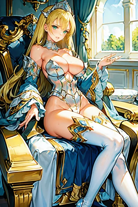 (Masterpiece), (1girl), (Cinderella Queens Blade), (bikini armor), (blonde hair), (white thighhighs, stiletto heels, very long hair, huge breasts, highleg leotard, (((green eyes))), cleavage, flipped hair, showgirl skirt, blue shoulder armor, breastplate),...