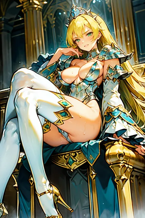 (Masterpiece), (1girl), (Cinderella Queens Blade), (bikini armor), (blonde hair), (white thighhighs, stiletto heels, very long hair, huge breasts, highleg leotard, (((green eyes))), cleavage, flipped hair, showgirl skirt, blue shoulder armor, breastplate),...