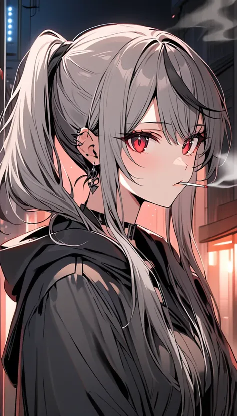 good looking, alone, 1 female, ponytail, black hair with smoky grey tips, red eyes,earrings, black shirt, black and white hooded...