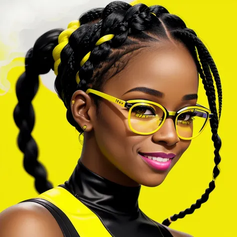 side view, looking into the camera, Professional photography, pose models, flirty look, smile, portrait of a beautiful black woman in yellow and white braids, and neon glasses, Black background,beautiful yellow smoke,