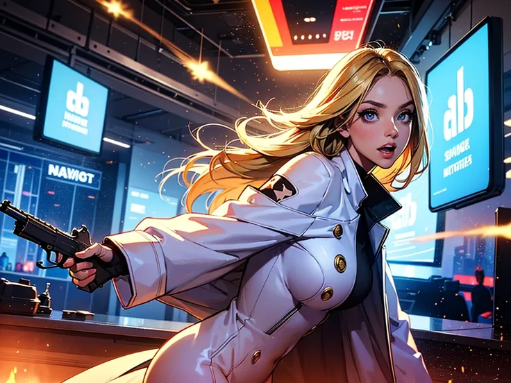 (((firing, bullet, gun, light particles))), 1girl, sydney sweeney, eyes covered, , profile shot, ((tilting head backwards)), facing viewer, from side, masterpiece, highest quality, (solo focus), (perfect face:1.1), (high detail:1.1), 1girl, ((blonde hair))...